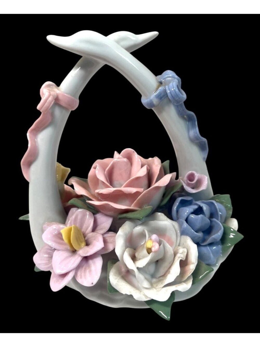 Handcrafted Porcelain Double Swans Floral Basket Figurine with Pink & Blue Ribbo
